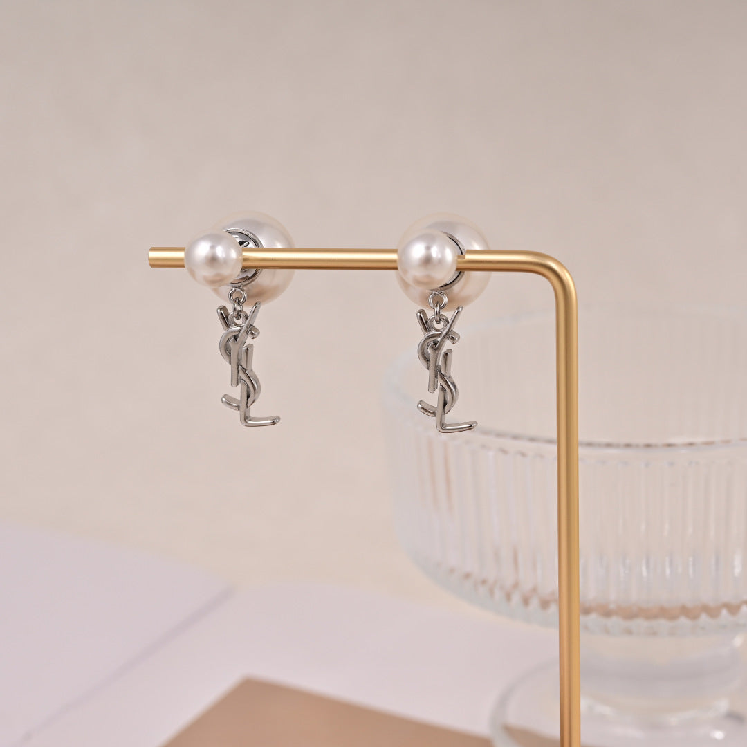 YSL 26S PEARL DOUBLE BALL DROP MONOGRAM EARRINGS IN SILVER TONE METAL 615838
