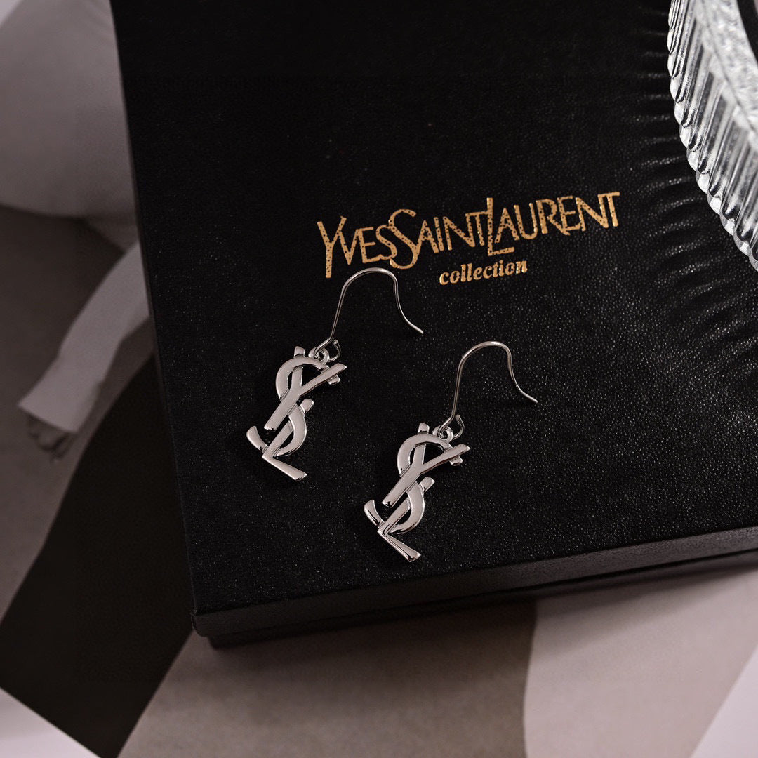 YSL 26S LOGO DROP HOOK EARRINGS IN SILVER TONE METAL 621527