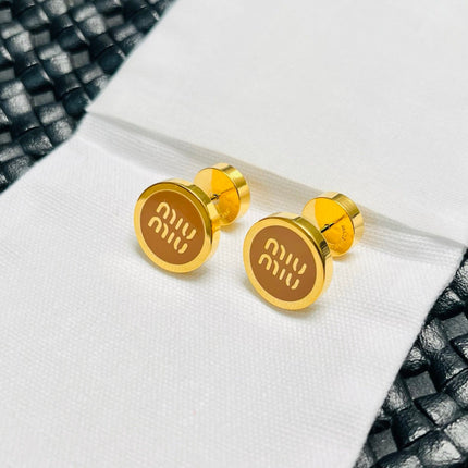 MIUMIU 26S ROUND LOGO STUD EARRINGS IN BROWN ENAMEL AND GOLD TONE METAL 626876