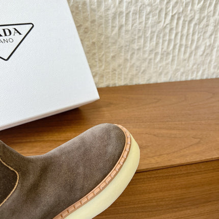PRADA 25S ANKLE BOOTS 40 MM IN MUTED BROWN GRAY SUEDE SHEARLING-LINED