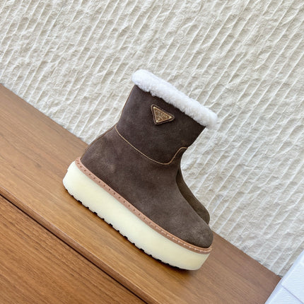 PRADA 25S ANKLE BOOTS 40 MM IN MUTED BROWN GRAY SUEDE SHEARLING-LINED