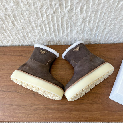 PRADA 25S ANKLE BOOTS 40 MM IN MUTED BROWN GRAY SUEDE SHEARLING-LINED