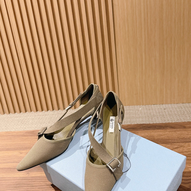 PRADA 26S SLINGBACK KITTEN HEELS 45MM IN LIGHT BROWN FABRIC STRAP BUCKLE