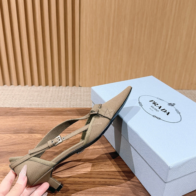 PRADA 26S SLINGBACK KITTEN HEELS 45MM IN LIGHT BROWN FABRIC STRAP BUCKLE