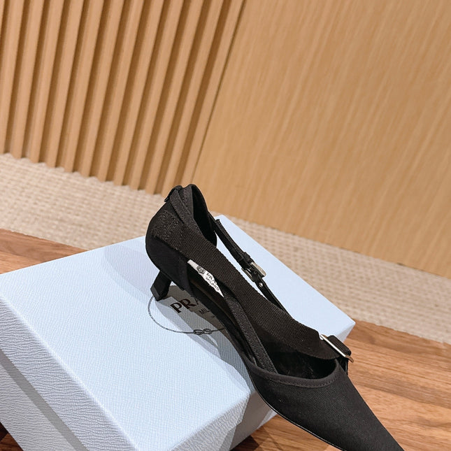 PRADA 26S SLINGBACK KITTEN HEELS 45MM IN BLACK FABRIC STRAP BUCKLE