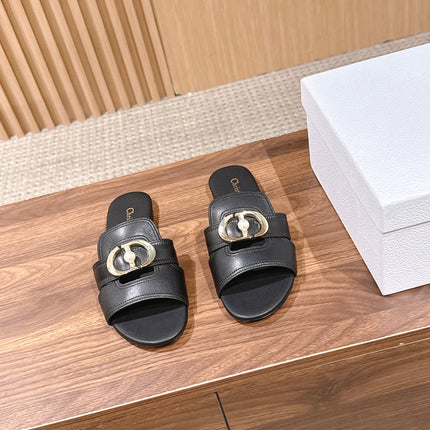 DIOR 26S WIDE STRAP SLIDE SANDALS IN BLACK CALFSKIN PEARL GOLD BUCKLE