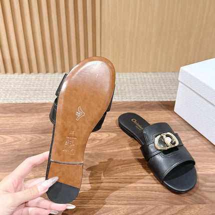 DIOR 26S WIDE STRAP SLIDE SANDALS IN BLACK CALFSKIN PEARL GOLD BUCKLE