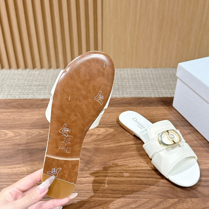 DIOR 26S WIDE STRAP SLIDE SANDALS IN WHITE CALFSKIN PEARL GOLD BUCKLE