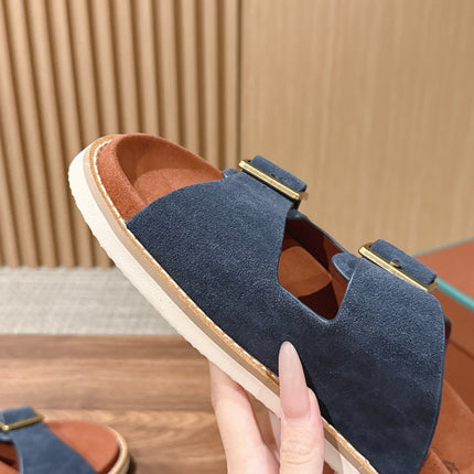 LP 26S DOUBLE BUCKLE SLIDES IN NAVY BLUE SUEDE GOLD HARDWARE