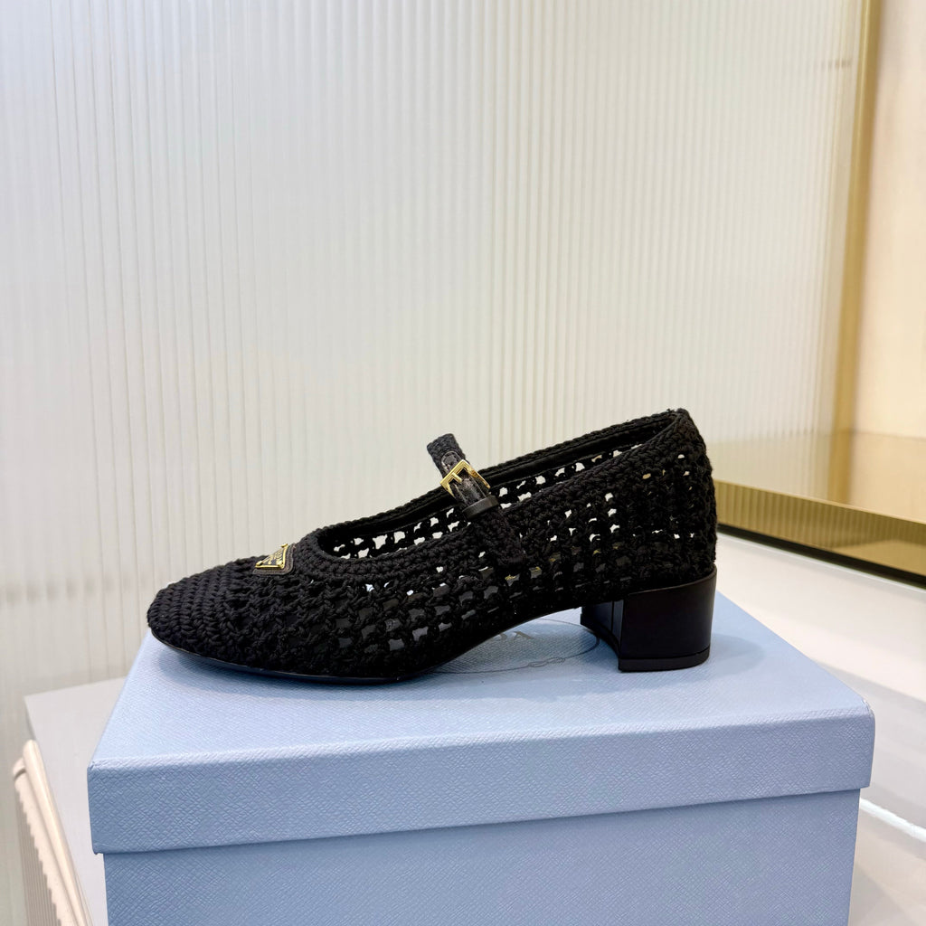PRADA 26S LOGO PLAQUE CROCHET MARY JANE PUMPS 50MM IN BLACK WOVEN FIBER
