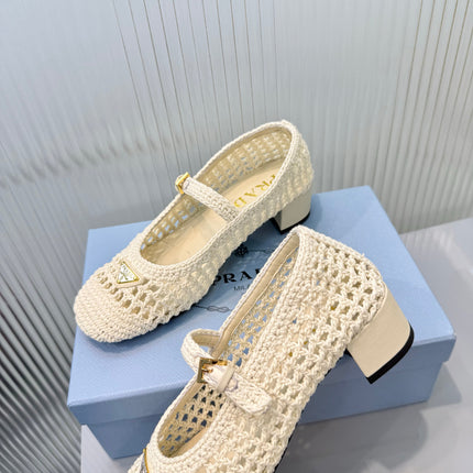 PRADA 26S LOGO PLAQUE CROCHET MARY JANE PUMPS 50MM IN IVORY WHITE WOVEN FIBER