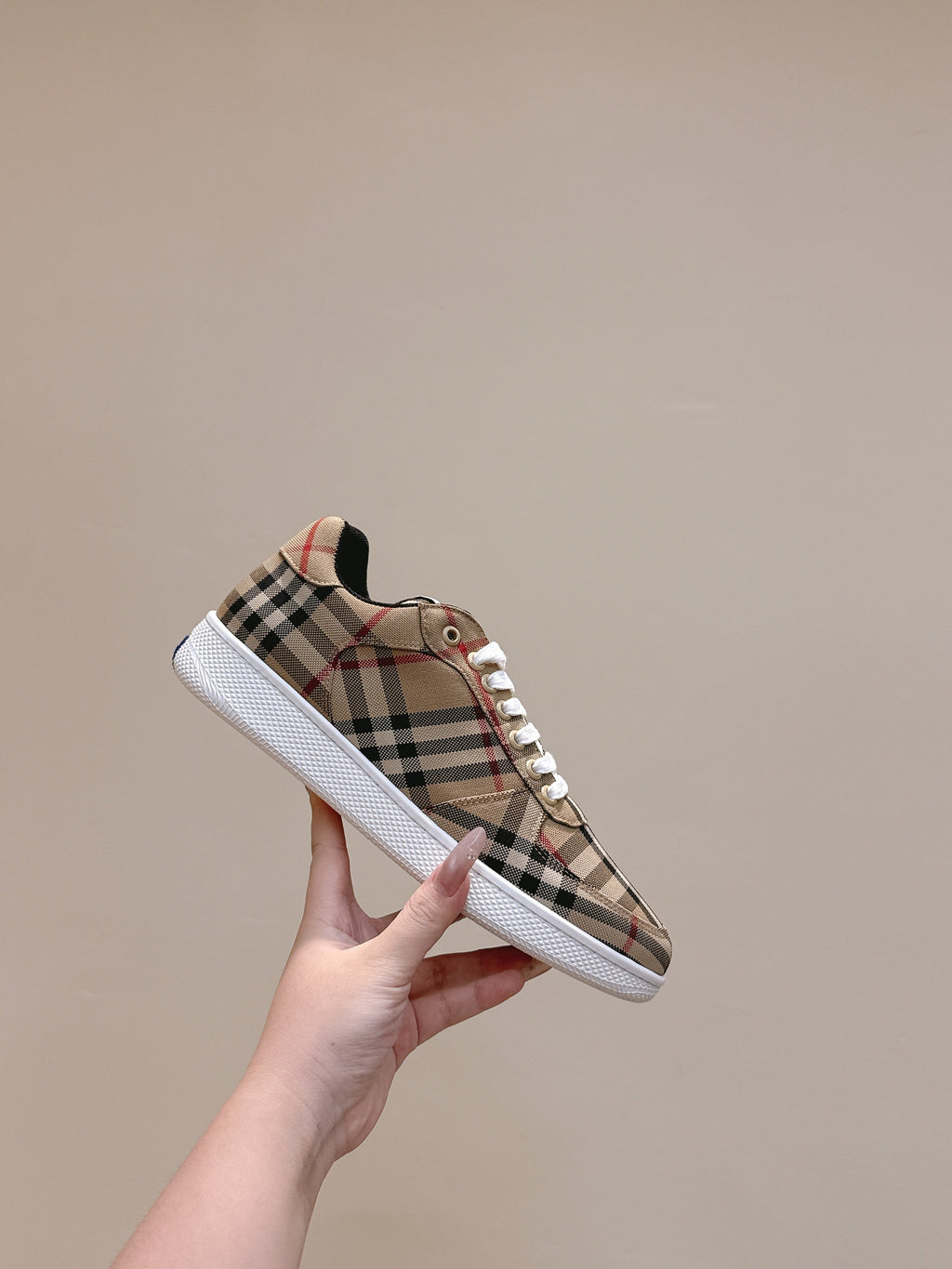 BURBERRY 26S PLAID TERRACE SNEAKERS IN LIGHT BROWN CANVAS