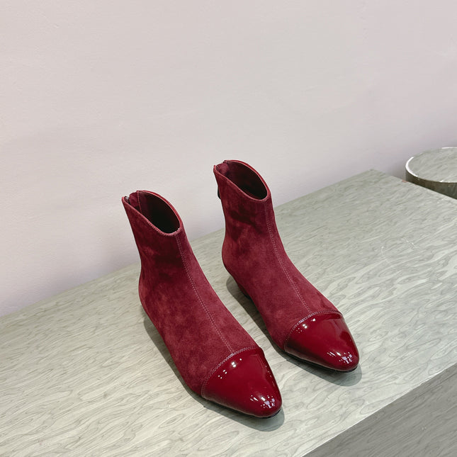 ALAIA 26S ANKLE BOOTS IN DARK RED SUEDE AND GLOSSY CALFSKIN