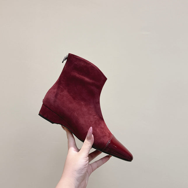 ALAIA 26S ANKLE BOOTS IN DARK RED SUEDE AND GLOSSY CALFSKIN