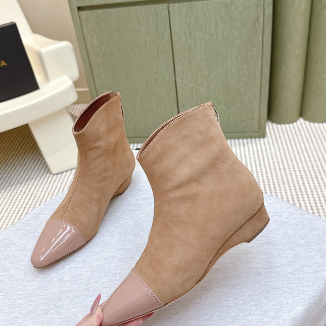 ALAIA 26S ANKLE BOOTS IN DARK BEIGE SUEDE AND GLOSSY CALFSKIN