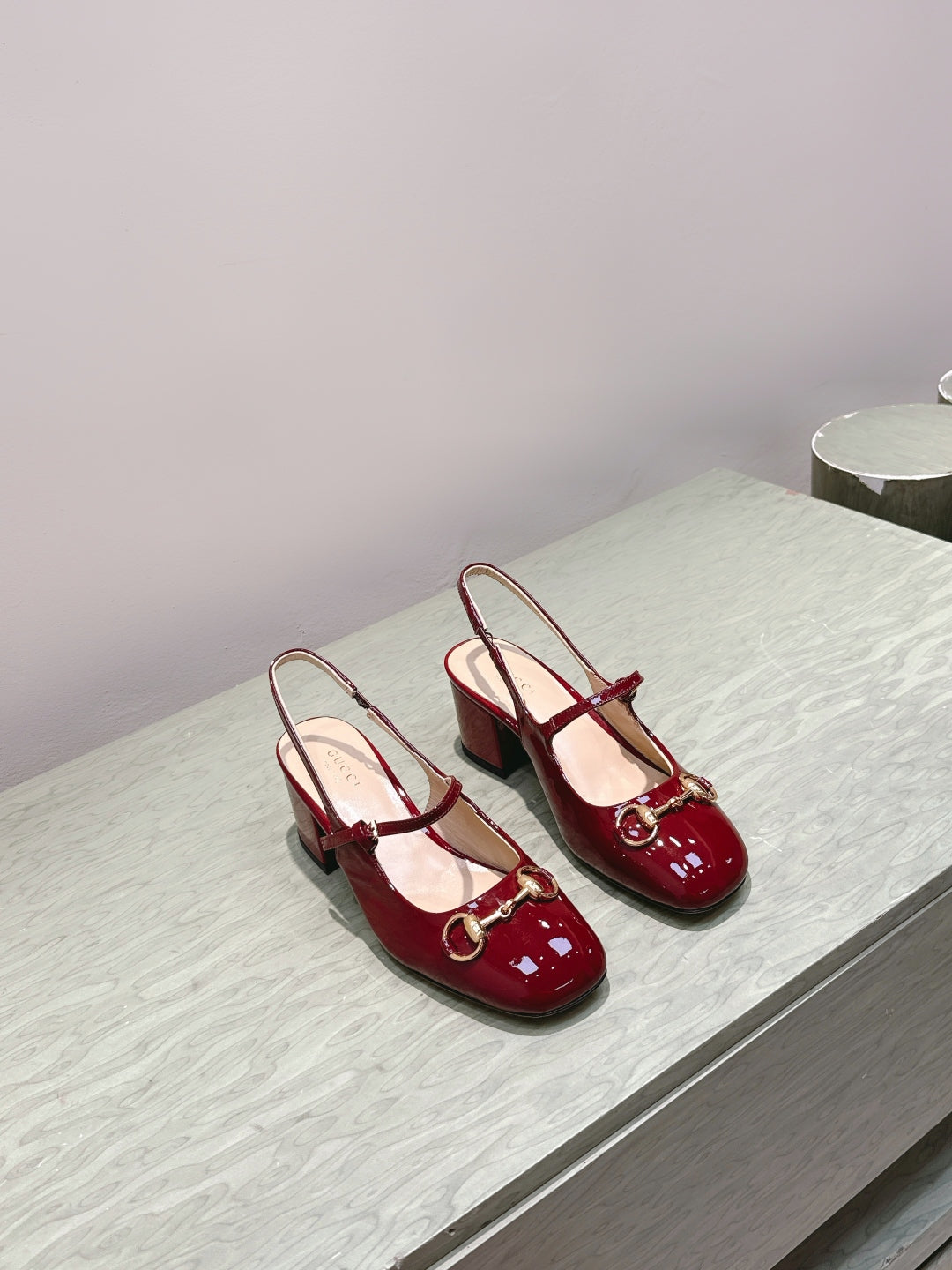 GG HORSEBIT SLINGBACK IN BURGUNDY RED SHINY CALFSKIN