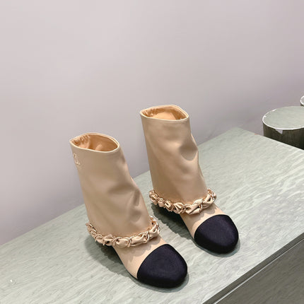 CHANEL 25S CALF-LENGTH BOOTS 45MM IN BEIGE AND BLACK CALFSKIN GOLD HARDWARE