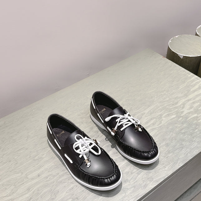 CELINE 26S LACE-UP LOAFERS IN BLACK CALFSKIN