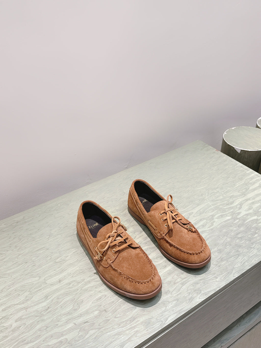 CELINE 26S LACE-UP LOAFERS IN BROWN SUEDE