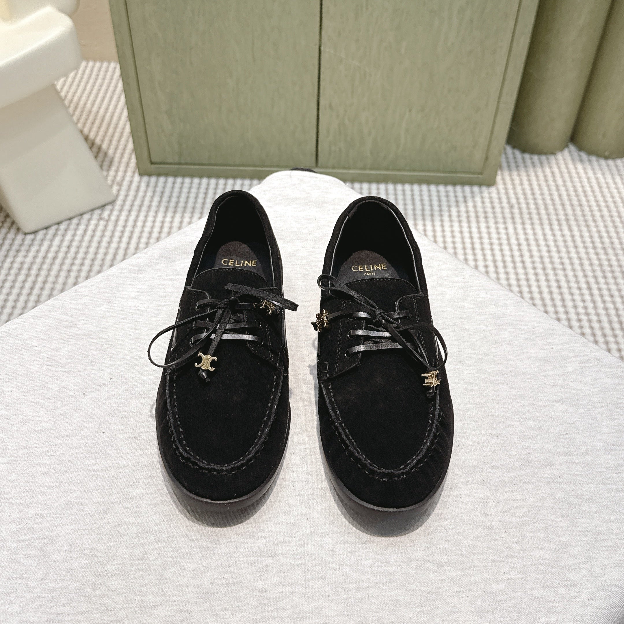 CELINE 26S LACE-UP LOAFERS IN BLACK SUEDE