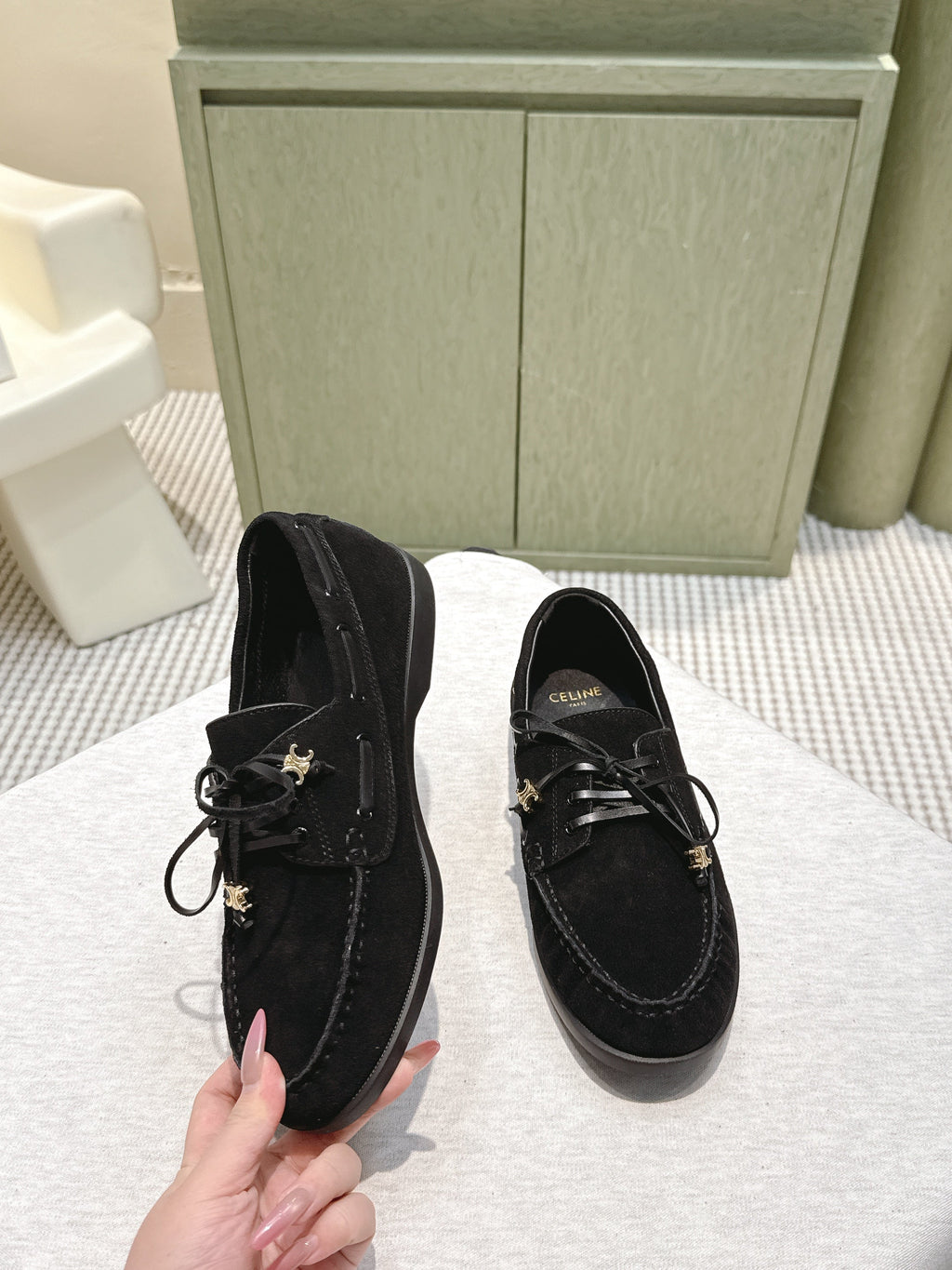 CELINE 26S LACE-UP LOAFERS IN BLACK SUEDE