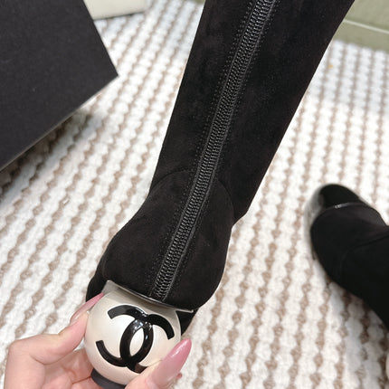 CHANEL 25S PEARL BOOTS IN BLACK SUEDE AND PATENT CALFSKIN
