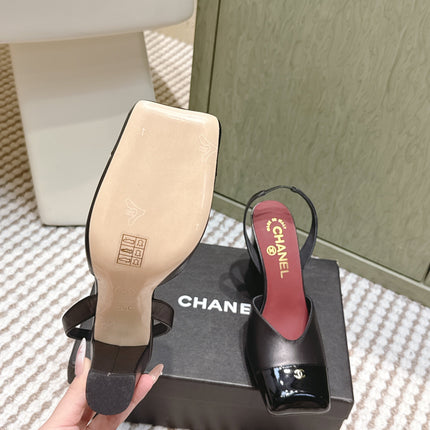 CHANEL 25S HIGH-HEELED SQUARE-TOE SLINGBACK 90MM IN BLACK CALFSKIN