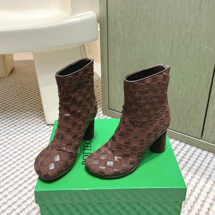 BOTTEGA VENETA 26S INTRECCIATO BOOTS 70 MM IN DARK BROWN SUEDE AND LAMBSKIN