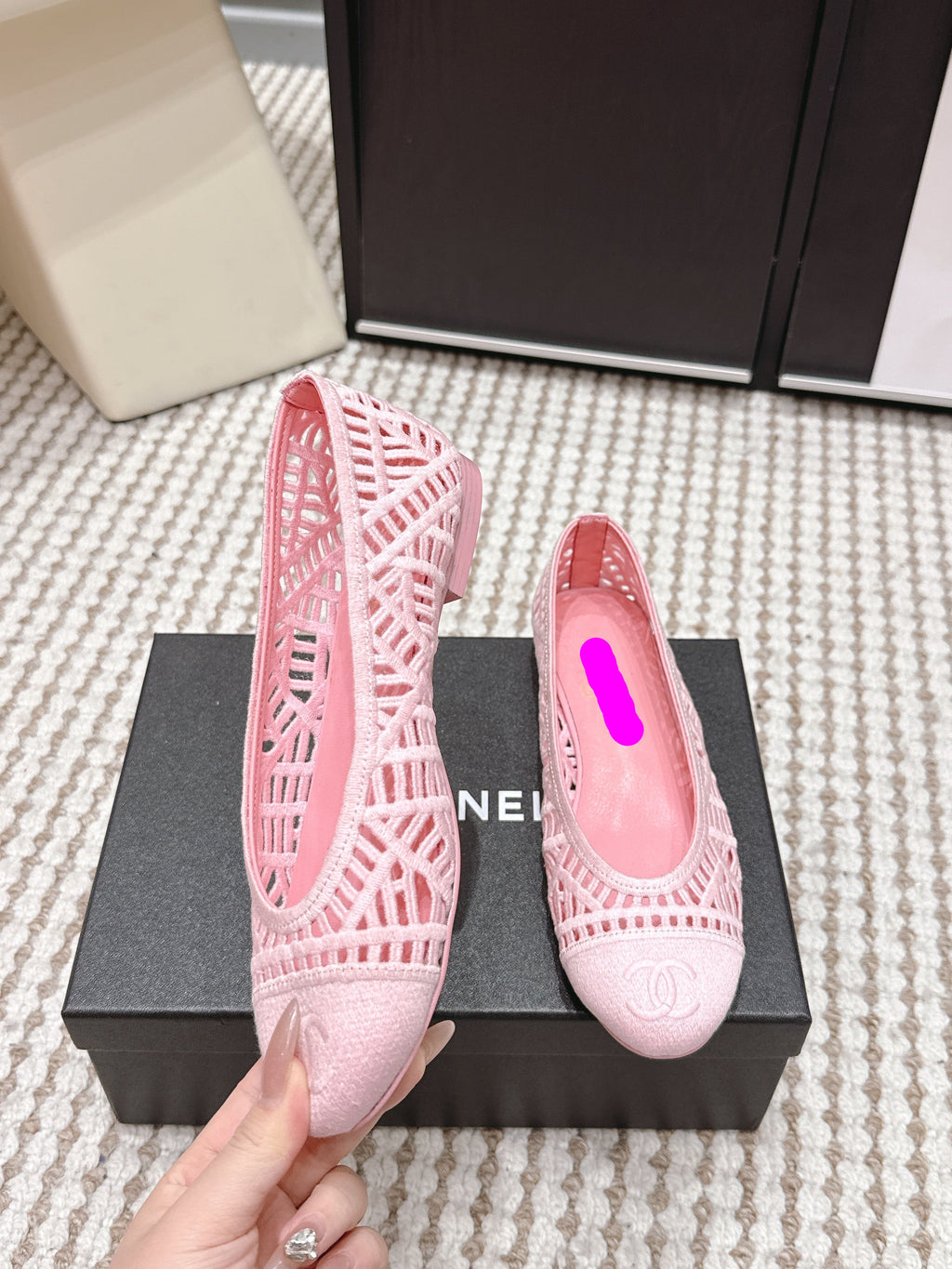 CHANEL 26S BALLET FLATS IN LIGHT PINK MESH AND FABRIC