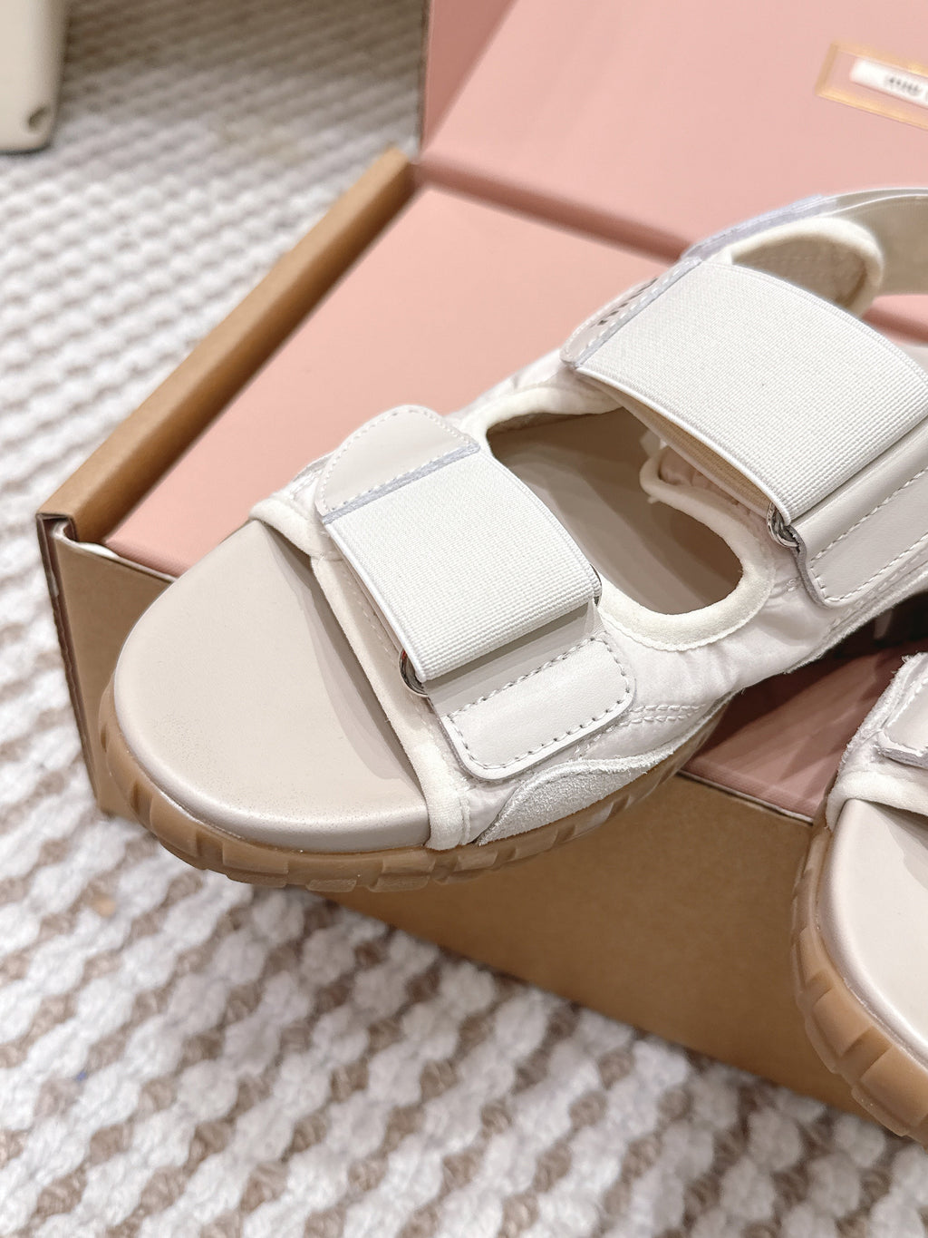 MIUMIU 26S VELCRO SANDALS IN CREAM WHITE CALFSKIN AND NYLON SILVER HARDWARE