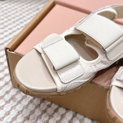MIUMIU 26S VELCRO SANDALS IN CREAM WHITE CALFSKIN AND NYLON SILVER HARDWARE