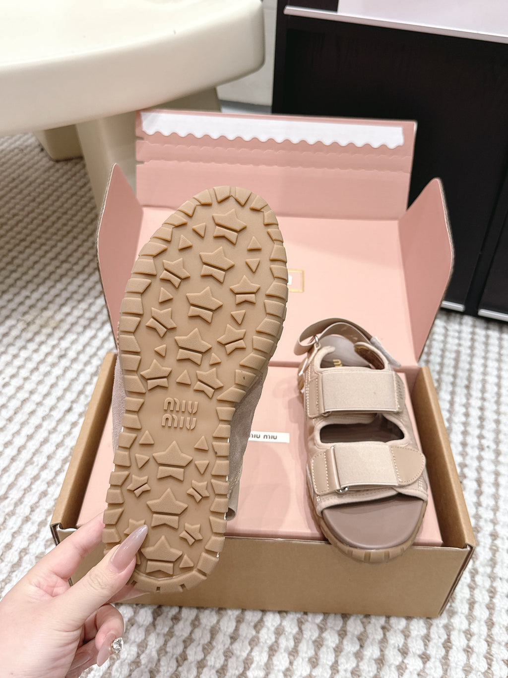 MIUMIU 26S VELCRO SANDALS IN LIGHT BROWN CALFSKIN AND NYLON SILVER HARDWARE
