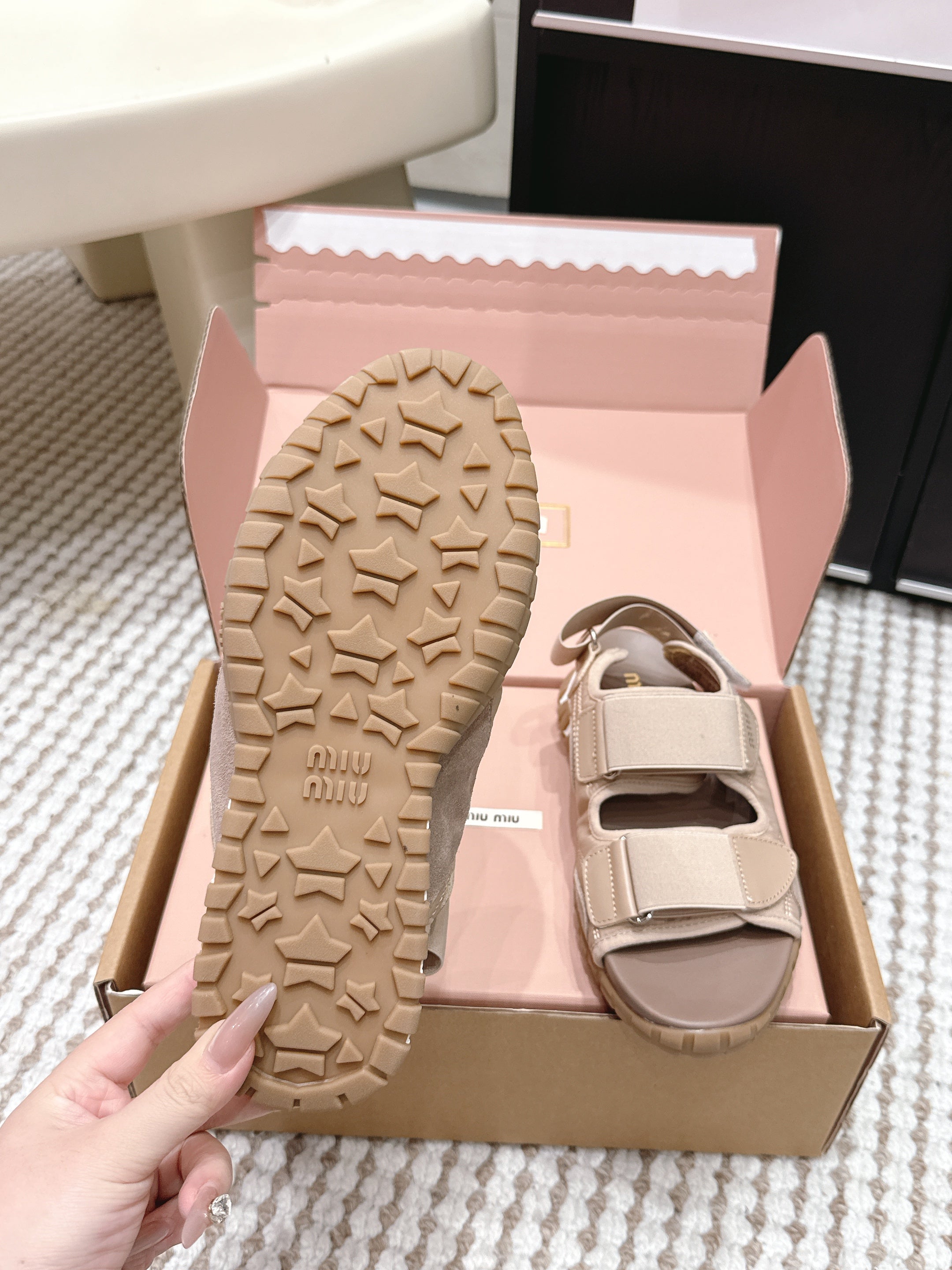 MIUMIU 26S VELCRO SANDALS IN LIGHT BROWN CALFSKIN AND NYLON SILVER HARDWARE