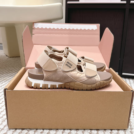 MIUMIU 26S VELCRO SANDALS IN LIGHT BROWN CALFSKIN AND NYLON SILVER HARDWARE