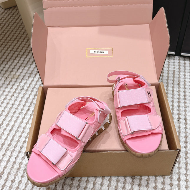 MIUMIU 26S VELCRO SANDALS IN PINK CALFSKIN AND NYLON SILVER HARDWARE