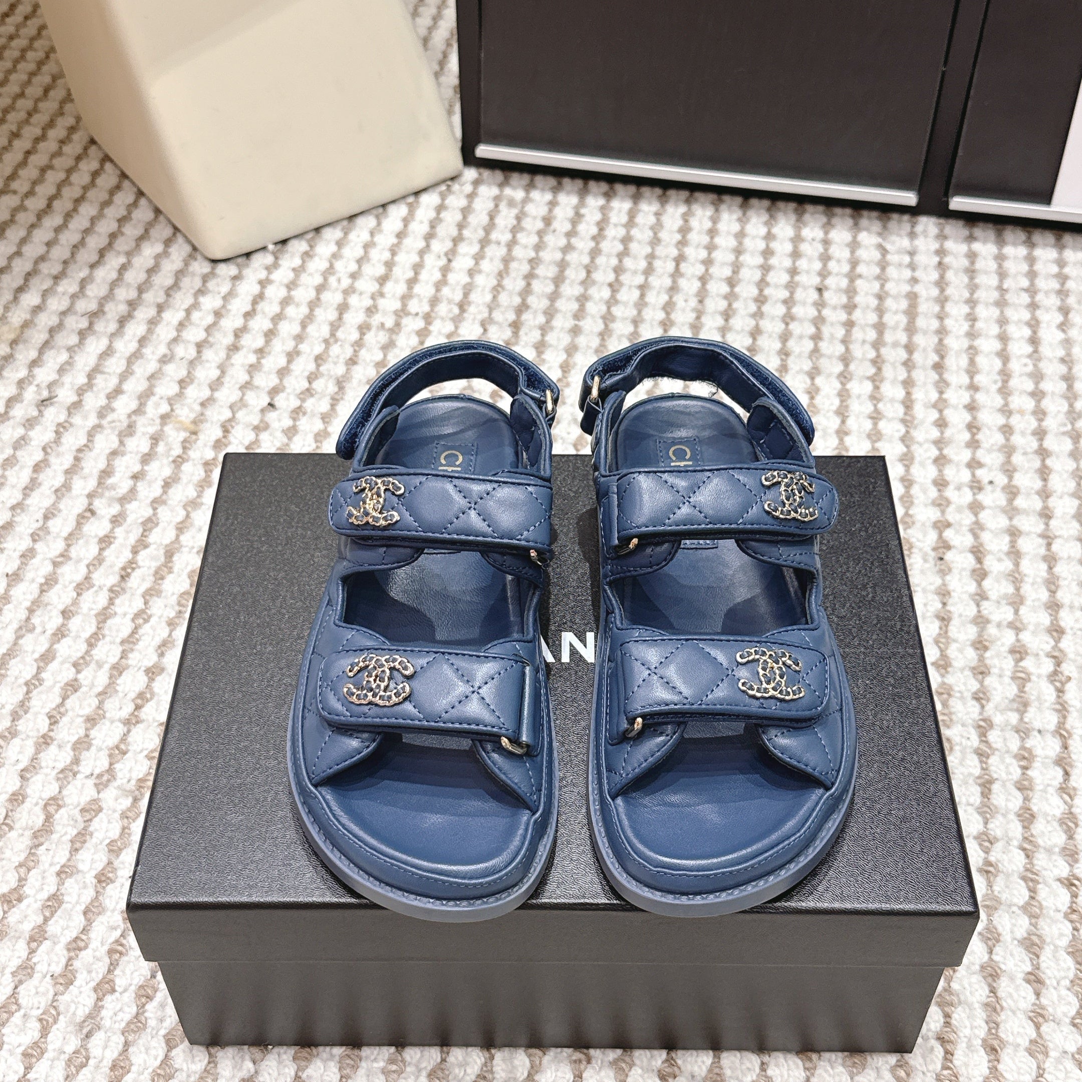 CHANEL 26S QUILTED DAD SANDALS IN SLATE BLUE CALFSKIN