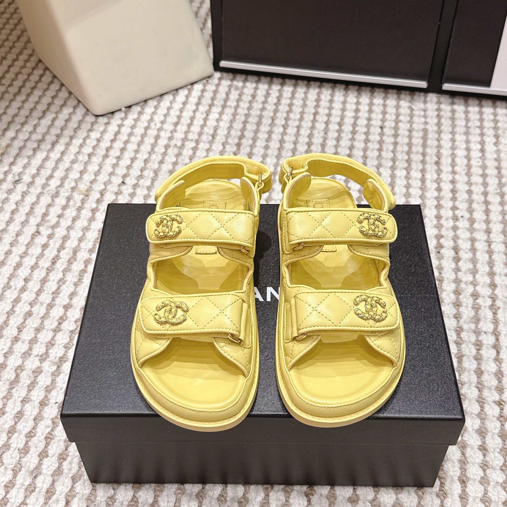 CHANEL 26S QUILTED DAD SANDALS IN YELLOW CALFSKIN