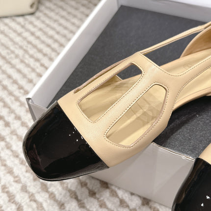 CHANEL 26S ROUND TOE MARY JANE FLATS IN OFF BEIGE CUTOUT CALFSKIN WITH BLACK PATENT TOE