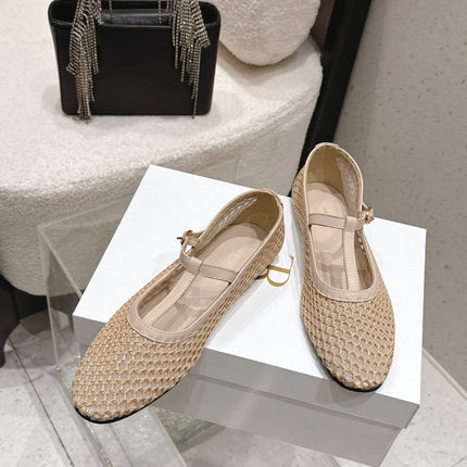 THE ROW 26S MARY JANE FLATS IN BEIGE CALFSKIN AND MESH