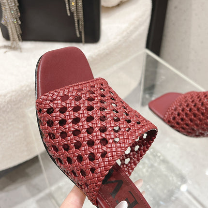 LOEWE 26S WOVEN HEEL SANDALS 50 MM IN DARK RED LAMBSKIN
