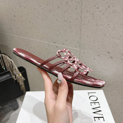 LOEWE 26S BRAIDED CAGE SLIDE SANDALS IN DARK BROWN CALFSKIN