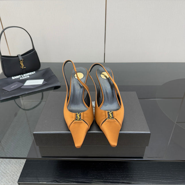 YSL 25S SLINGBACK HIGH HEELS 90 MM IN DARK ORANGE SATIN WITH GOLD HARDWARE STYLE 16