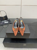 YSL 25S SLINGBACK HIGH HEELS 90 MM IN COGNAC BROWN SATIN WITH GOLD HARDWARE STYLE 15