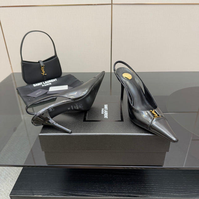 YSL 25S SLINGBACK HIGH HEELS 90 MM IN BLACK LAMBSKIN WITH GOLD HARDWARE STYLE 8