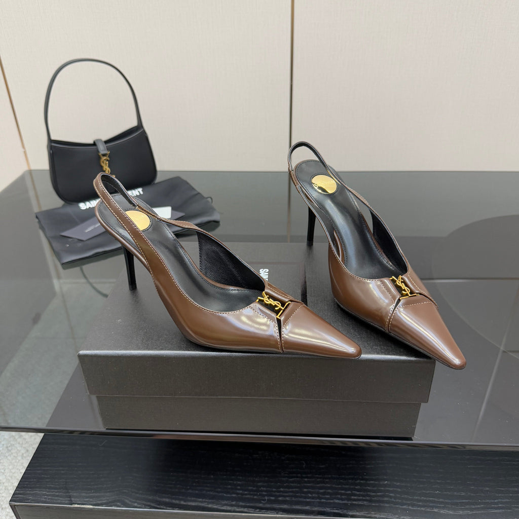 YSL 25S SLINGBACK HIGH HEELS 90 MM IN CHOCOLATE BROWN LAMBSKIN WITH GOLD HARDWARE STYLE 7