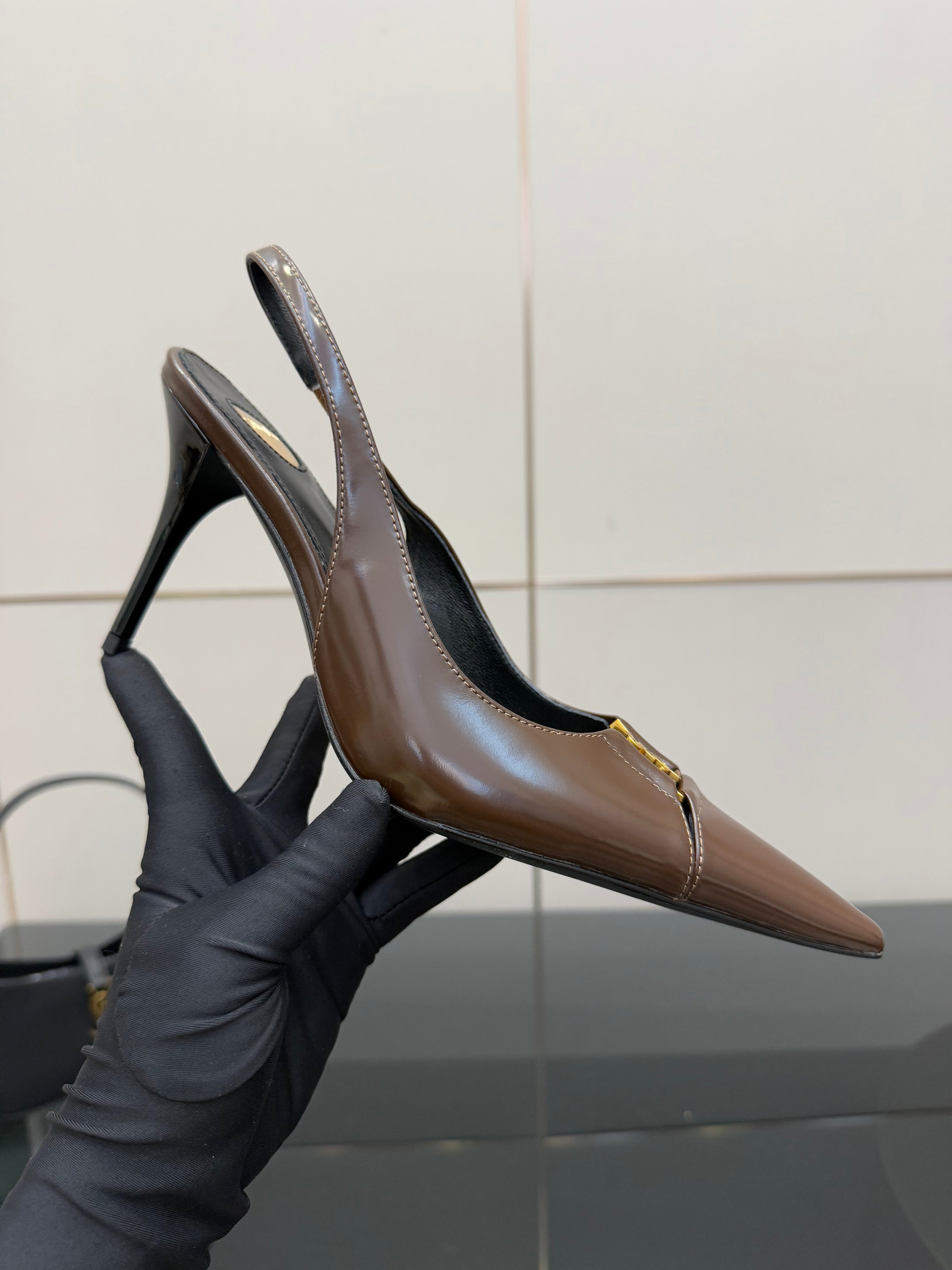 YSL 25S SLINGBACK HIGH HEELS 90 MM IN CHOCOLATE BROWN LAMBSKIN WITH GOLD HARDWARE STYLE 7