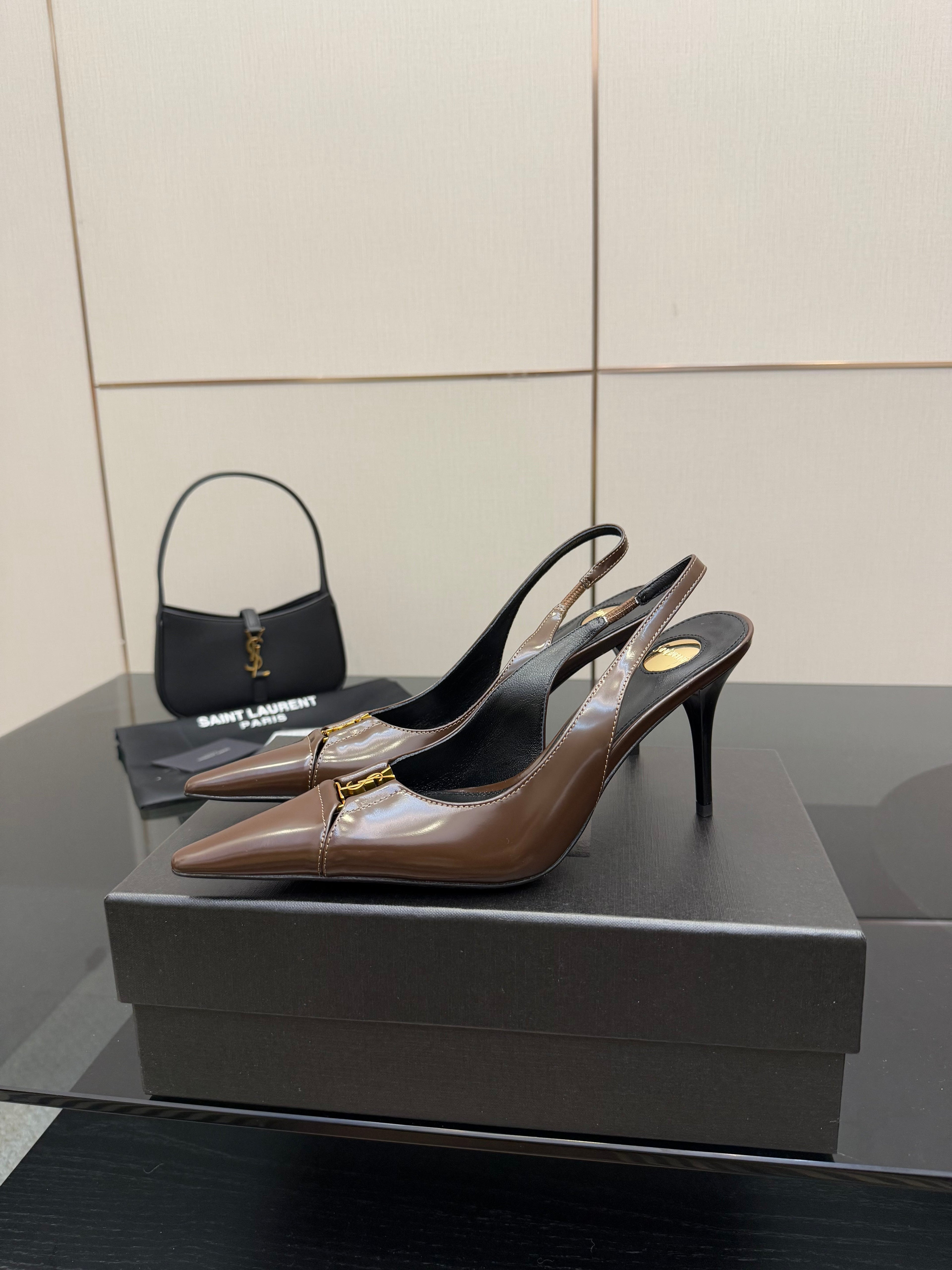 YSL 25S SLINGBACK HIGH HEELS 90 MM IN CHOCOLATE BROWN LAMBSKIN WITH GOLD HARDWARE STYLE 7