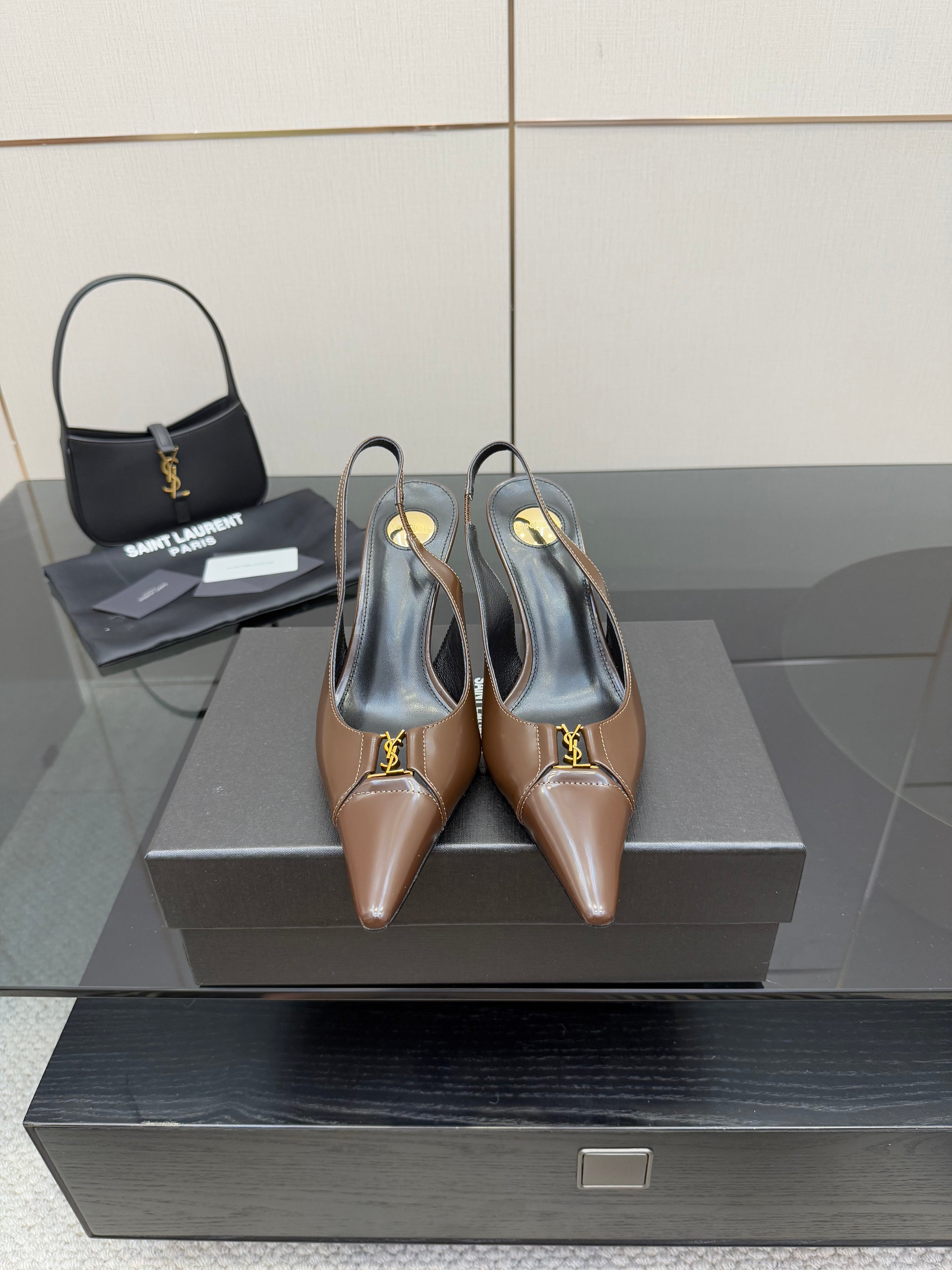 YSL 25S SLINGBACK HIGH HEELS 90 MM IN CHOCOLATE BROWN LAMBSKIN WITH GOLD HARDWARE STYLE 7