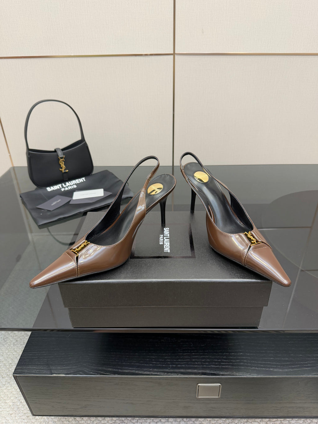 YSL 25S SLINGBACK HIGH HEELS 90 MM IN CHOCOLATE BROWN LAMBSKIN WITH GOLD HARDWARE STYLE 7