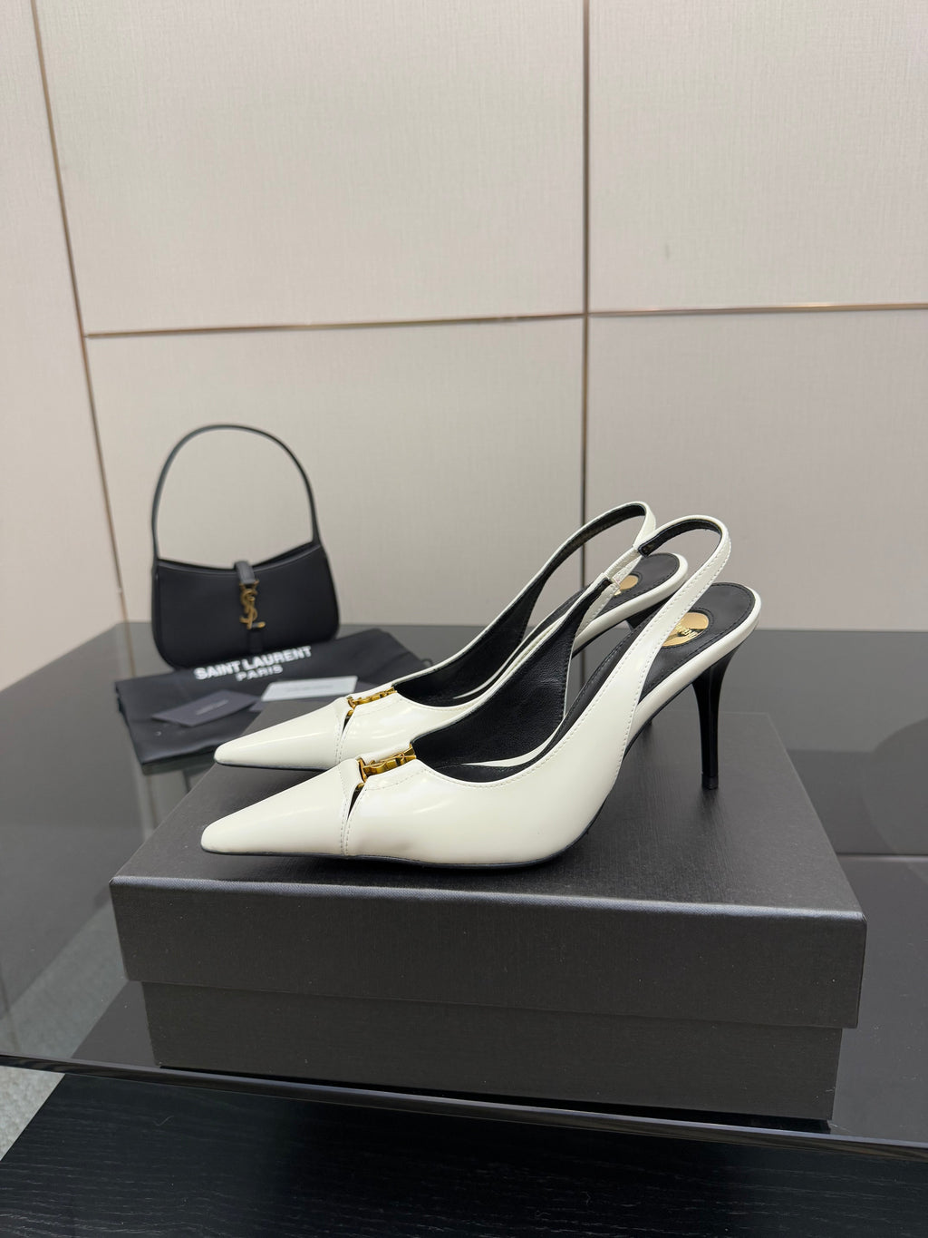 YSL 25S SLINGBACK HIGH HEELS 90 MM IN WHITE LAMBSKIN WITH GOLD HARDWARE STYLE 6